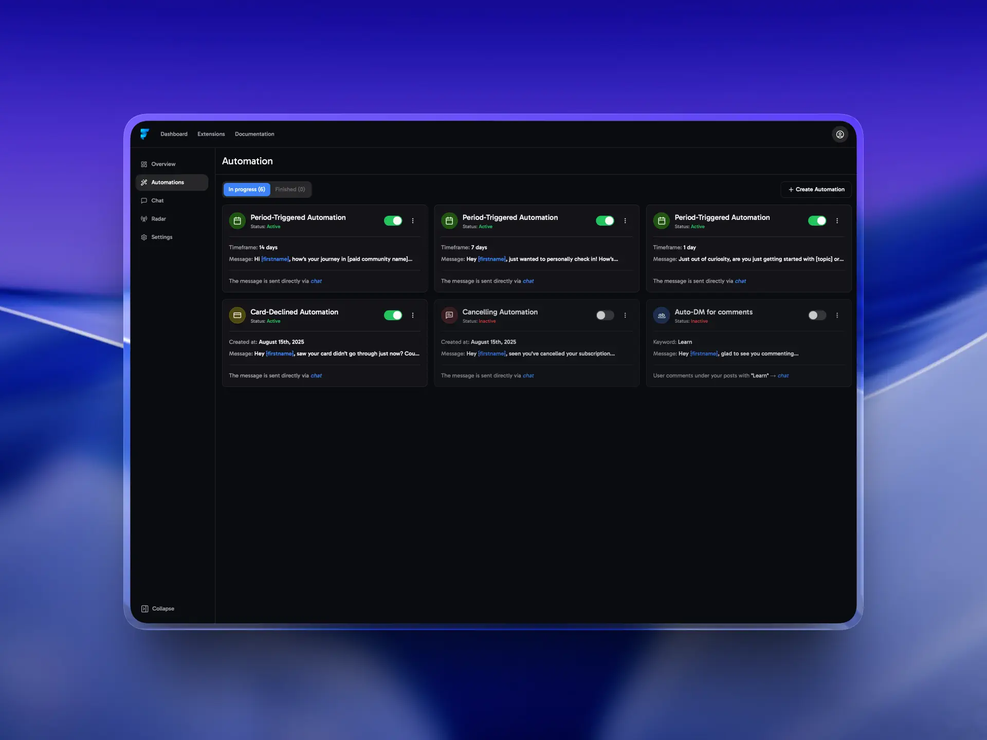 Automations cards for Fiducia.gg